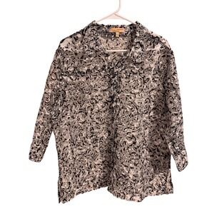 Choices Womens XL Grey Black Abstract Swirl Mesh Button Up 3/4 Sleeve Blouse